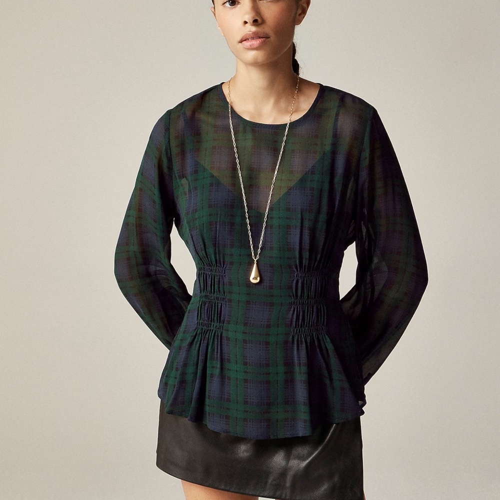 JCREW Chiffon shirred-waist top in Black Watch tartan 4 NWT